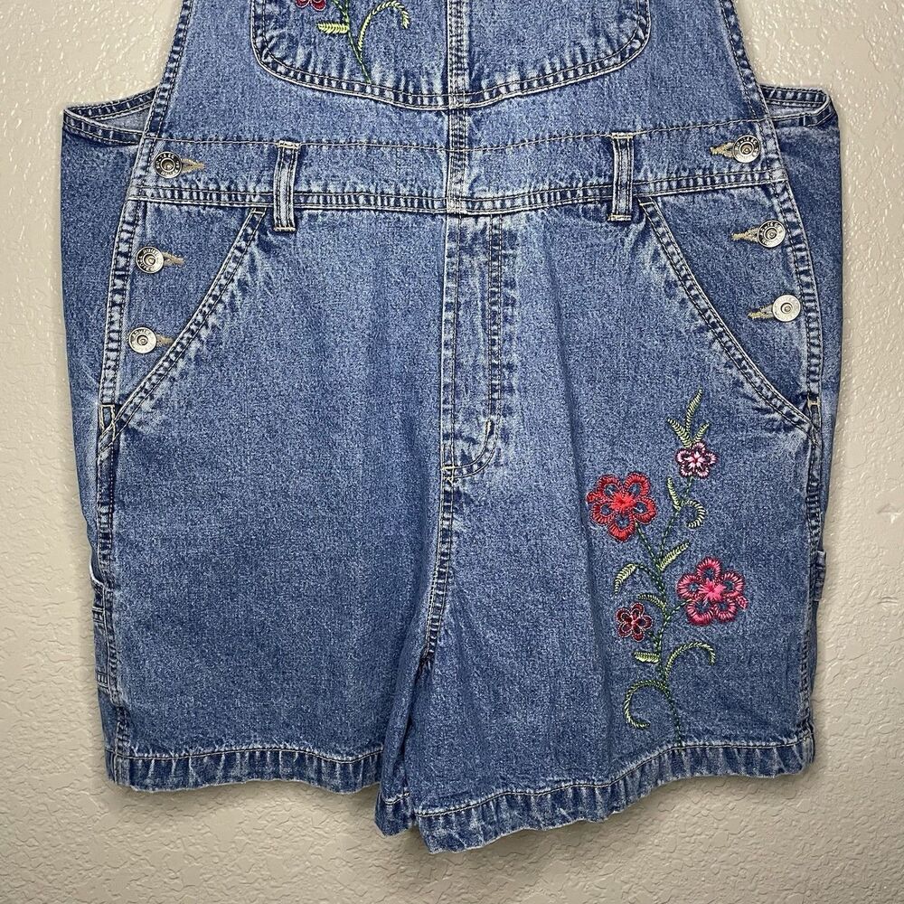 VTG Route 66 Denim Carpenter Short Overalls L Bibs Embroidered Floral Y2K 90s - Picture 5 of 12